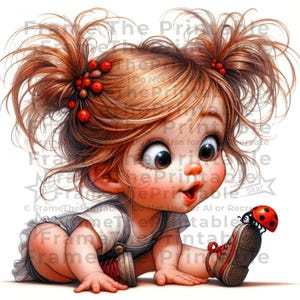 Baby Girl Clipart, Ladybug PNG, Redhead Toddler, Cute Baby Images, 300 DPI, Nursery Decor, Girl Bundle, Sublimation Design, Whimsical PNG