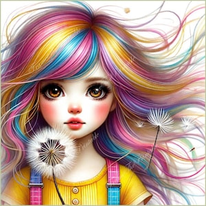 Fantasy Girl with Dandelion Clip Art Watercolour 12 PNG Whimsical Girl Junk Journaling Scrapbook Card Making Digital Instant Download Images