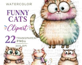 Funny Cat Clipart, 22 Whimsical Watercolor Cats, Transparent PNG