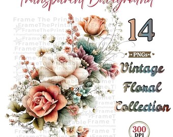 Vintage Floral Clipart PNG, Romantic Botanical Bouquets, Wedding Flowers, Junk Journal, Scrapbooking