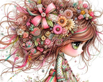 Adorable Girl Spring  Floral Clipart Commercial Use Whimsical Ephemera JPGs Fantasy Junk Journal Paper Craft Cute Doll Downloads 16 Images