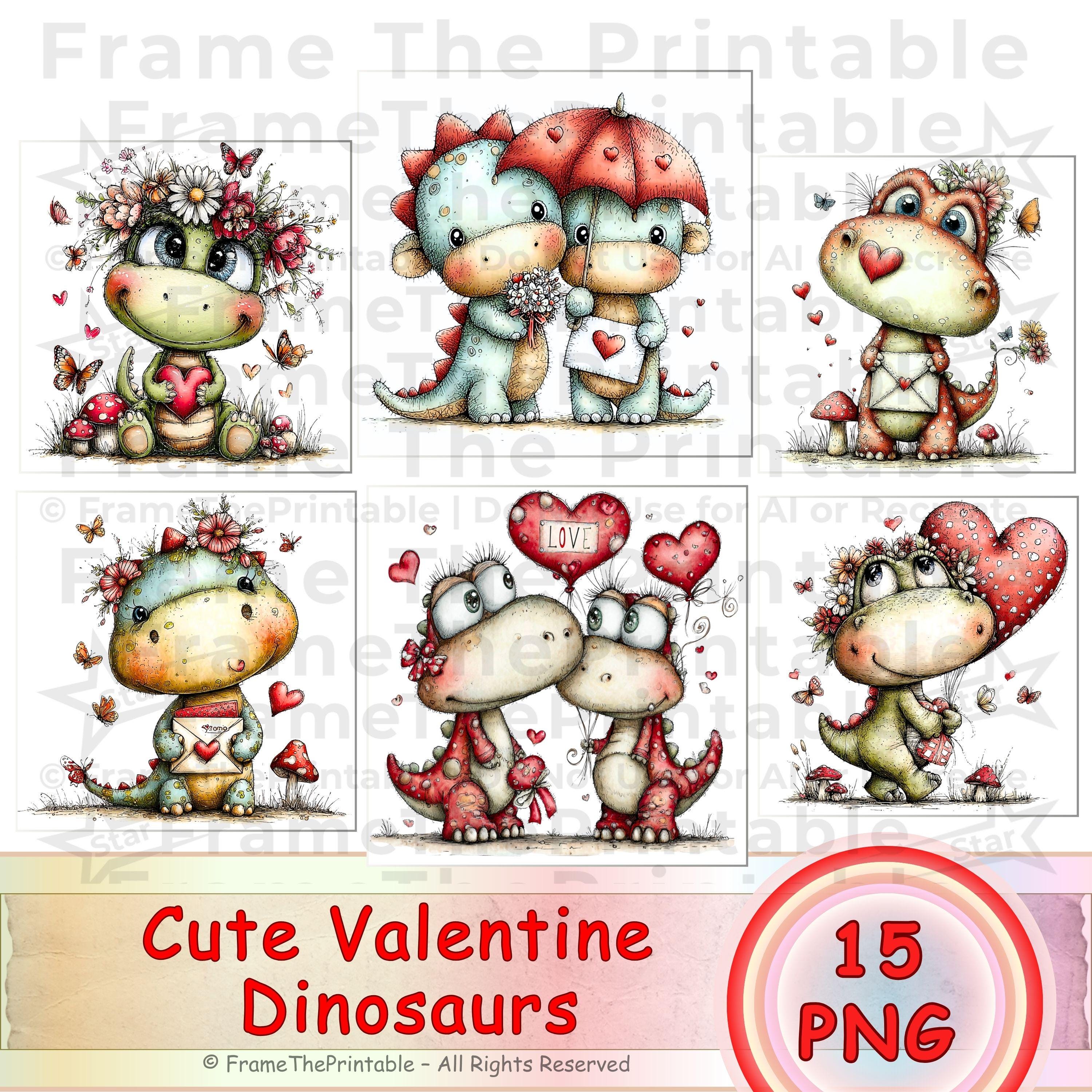 Cute Valentine Dinosaurs Clipart – Whimsical Smiling Dino With Hearts ...