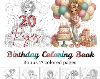 Birthday Coloring Book for Adults Girls, 20 Printable Coloring Pages, Birthday Party Activity, Kids & Adults Printable PDF, Instant Download