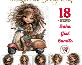 Boho Girl Clipart PNG Bundle, Bohemian Girls, Cute Fashion Dolls, Transparent PNG, Dreamcatcher Clipart, Sublimation, Commercial Use