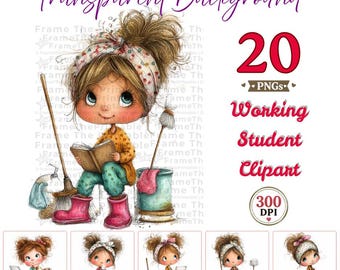 Working Student Girl Clipart PNG Bundle, Study Girl Clipart, Cute College Student, Laptop Girl, Reading Girl, Cleaning Girl, 20 PNG