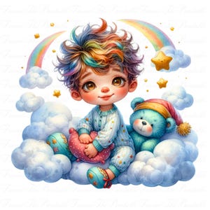 Conjunto de imágenes prediseñadas de bebé niño, 10 imágenes PNG, arte infantil de fantasía, pijama arcoíris para niño, decoración infantil, descarga digital adorable, fondo transparente