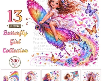 Rainbow Butterfly Girl Clipart, Whimsical Fairy Illustration Bundle, 14 PNGs for Cards, Crafts and Sublimation