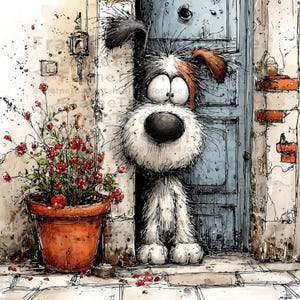 May include: Whimsical watercolor illustration of a dog peeking out from behind a blue door. The dog has large, expressive eyes and a fluffy white and black coat. A terracotta pot with red flowers sits to the left, adding a pop of color.