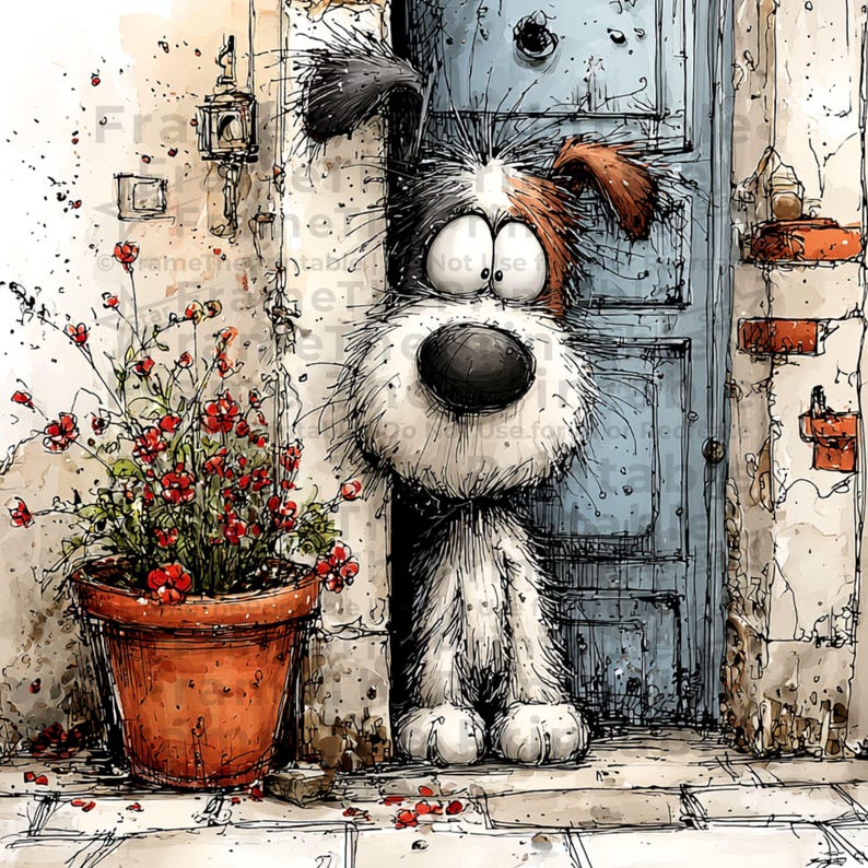 May include: Whimsical watercolor illustration of a dog peeking out from behind a blue door. The dog has large, expressive eyes and a fluffy white and black coat. A terracotta pot with red flowers sits to the left, adding a pop of color.