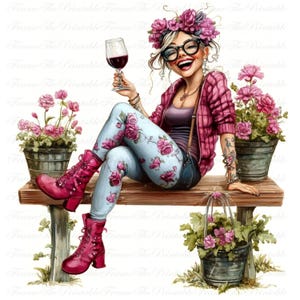 Clipart di donna anziana che beve vino, divertente nonna rilassata su una panchina, felice vecchia signora in un giardino fiorito, set di arte digitale stravagante JPG a 300 DPI