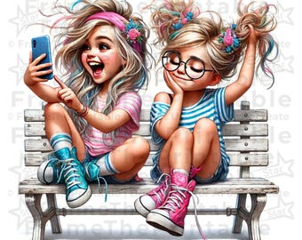 Quirky Girls Friends Watercolor Clipart, High-Res JPGs for Card Making, Scrapbooking, Digital Download, Commercial Use