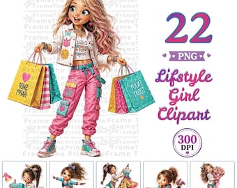 Lifestyle Girl Clipart, Cute Fashion PNG Bundle, Colorful Trendy Character Illustrations