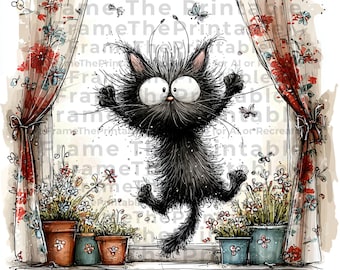 Whimsical Quirky Cat on Windowsill Clipart, Funny Cats Watercolor Illustrations, 10 PNG Instant Digital Download