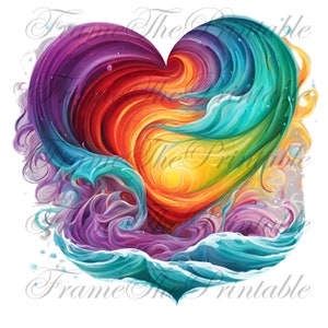 May include: Abstract heart-shaped design with swirling colors of purple, blue, green, yellow, orange, and red. The colors blend together to create a vibrant and dynamic image.