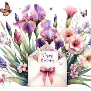 Fleurs d'anniversaire avec des cliparts de cartes d'enveloppe, images florales de joyeux anniversaire, art numérique shabby Chic, bouquet de prairie téléchargeable JPG 300 DPI
