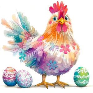 Quirky Easter Chicken, Funny Hen with Eggs Clipart JPG 300 DPI, Spring Watercolour Farmhouse Art, Cute Vintage Country Digital Illustration