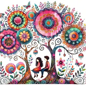 Grillig feeënpaar in het folklorebos Clip Art For Children Books Fabulous Imagination Multicolour Pictures: scrapbook Kaarten maken