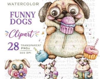 Funny Dog Clipart, 28 Quirky Watercolor Dogs, Transparent PNG