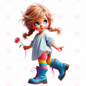 Nettes kleines blondes Mädchen mit Blume 16 PNGs transparente BG Kinderzimmer Abbildungen wunderliche Clip Art kommerziellen und persönlichen Gebrauch Karten machen