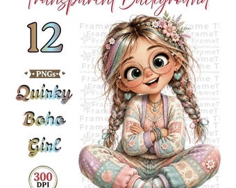 Quirky Girl Clipart, Boho Patchwork Character PNG Bundle, Big Eyes and Glasses, Transparent Background