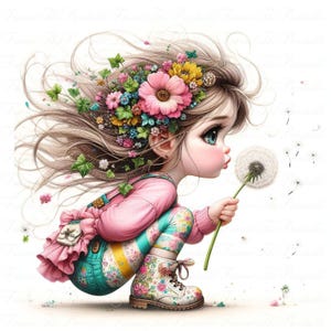 Skurrile Löwenzahn-Fee-Mädchen Clipart 20 PNG, Kinderzimmer-Illustration, 300 DPI Kunst, Blumenkunst für Sublimation, Aufkleber, Karten, Kunsthandwerk