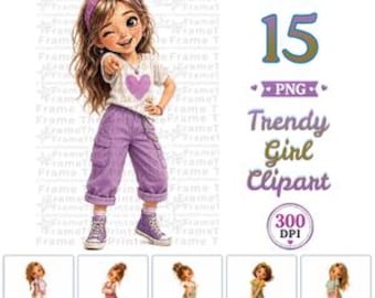 Trendy Girl Clipart, Cute Fashion Girl PNG, Pastel Casual Girl Clip Art, 15 PNG Bundle