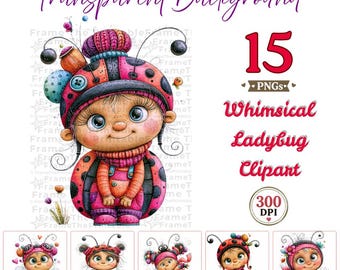 Ladybug Clipart PNG Bundle, Ladybird Clipart, Cute Whimsical Bug Clip Art, Nursery Decor, Classroom Decor, Sublimation, 15 PNG 300 DPI