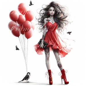 Sexy Geburtstagskind Clipart, rotes Kleid Mädchen mit Rose, Geburtstagsballon Bundle, erotische Frau JPG, Frauen mit Ballon Bundle, digitaler Download