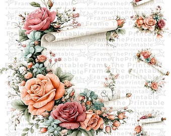 Floral Scroll Clipart, 14 Vintage Flower Parchment PNG, Transparent Background