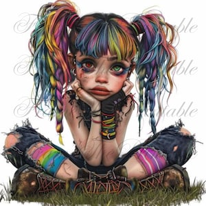 Punk Girl Clipart Tumbler Whimsical Ephemera Fantasy Descargar Paper Craft Junk Journal Descarga comercial instantánea Imágenes de muñecas multicolores