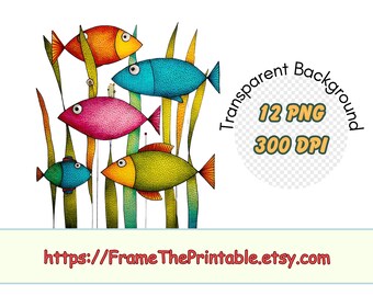 Set di clipart di pesci colorati e stravaganti — 12 PNG trasparenti 300 DPI / Illustrazione di vita marina dell'oceano / Arte di pesci tropicali per artigianato e stampe