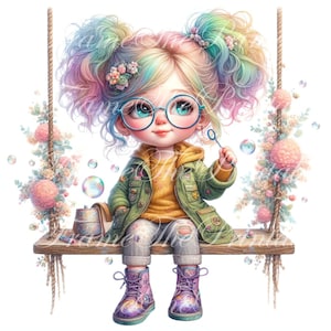 Può includere: Un'illustrazione stravagante di una bambina con capelli arcobaleno e occhiali, che soffia bolle su un'altalena di legno. Indossa una giacca verde, un maglione giallo, pantaloni grigi e stivali viola. L'altalena è adornata da decorazioni floreali e bolle fluttuano intorno a lei.