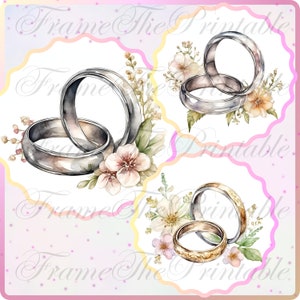 Pacote de clipart de anéis de casamento florais chiques e gastos - 22 PNGs em aquarela de alta qualidade - casamento, artesanato, registro no diário, álbum de recortes, download digital