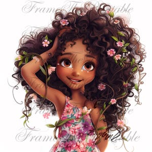 Happy Floral Black Girl Clipart Tumbler Grillige Ephemera Fantasy Download Paper Craft Junk Journal Commercieel gebruik Meerkleurige foto's