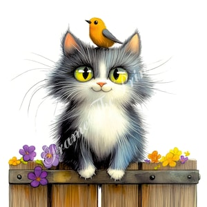 14 images clipart drôle de chat avec un oiseau sur la tête, images d'un chaton original sur une clôture, éphémères fantaisistes, ensemble JPG aquarelle, lot de scrapbooking numérique