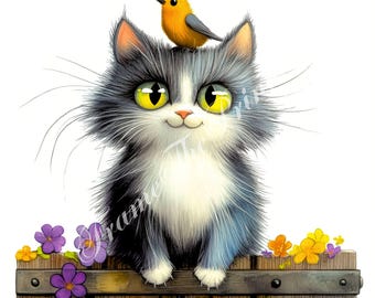 14 Funny Cat with Bird on Head Clip Art, Images of Quirky Kitten on Fence, Whimsical Ephemera, Watercolour JPG Set, Digital Scrapbook Bundle