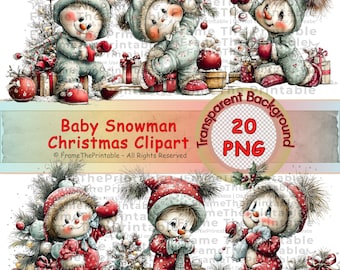 Whimsical Christmas Baby Snowman Clipart Set, Winter Pajamas Holiday Art, 20 PNG