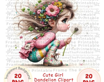 Cute Girl Dandelion Clipart, Whimsical Flower Children Illustration, Spring Floral Kids Art PNG Set, Nursery Decor Scrapbook Design