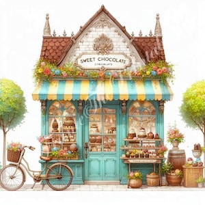 Chocolate Shop Vintage-Stil Clipart, 10 hochauflösende Aquarell JPG Fantasie für Junk Journaling, Handwerk, Scrapbooking, Kartenherstellung, Digital Art