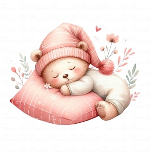Sleeping Bear Clipart PNG Set Cute Baby Girl Teddy in Pink Pajamas ...