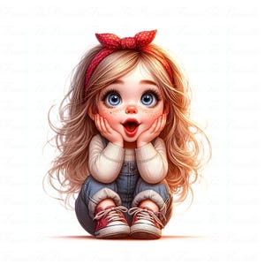 Cute Shocked Girl Clipart Set, 12 PNG High-Res Images, Whimsical Retro Style, Big Eyes, Fantasy Freckles Girl, Sublimation, Junk Journal Art