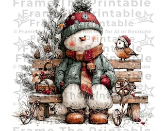 Vintage Snowman Christmas Clipart with Birds, Cozy Retro PNGs, Winter Holiday Art (Digital Download)