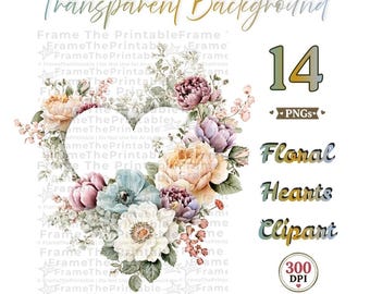 Watercolor Floral Heart Clipart: 14 Transparent Flower Heart PNGs