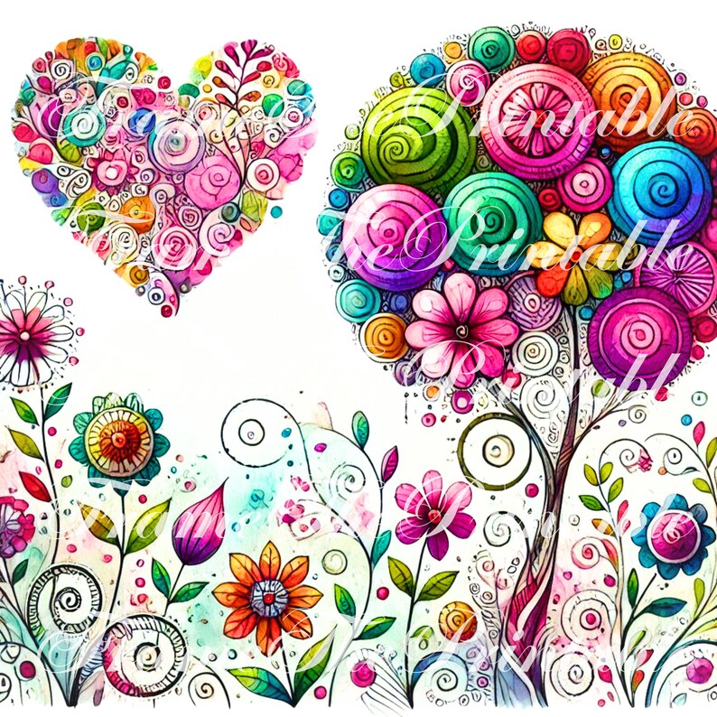 Valentine Hearts Floral Folklore Clip Art Watercolour High Res JPG Bulk ...
