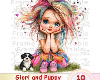 Imágenes prediseñadas de una niña y un cachorro, personajes de fantasía, alta resolución, 10 ilustraciones JPG para revistas basura, álbumes de recortes y proyectos de manualidades.