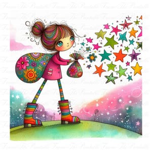Clipart étoiles attrapant une fille, 14 PNG haute résolution 300 DPI, art numérique pour enfants magiques, illustrations mignonnes célestes pour travaux manuels et imprimables