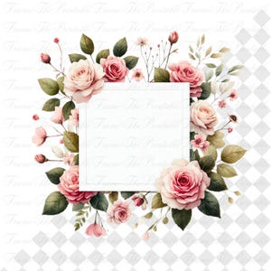 Puede incluir: Diseño floral en acuarela con rosas rosas, capullos y delicadas flores que rodean un marco cuadrado blanco. Hojas y ramitas verdes se suman al arreglo botánico. El texto "Frame The Printable" es visible.