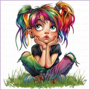 Clipart de niña triste arcoíris, paquete PNG, 10 ilustraciones infantiles con cabello colorido, chicas lindas estilo bohemio grunge, gráficos de sublimación, álbum de recortes de descarga digital