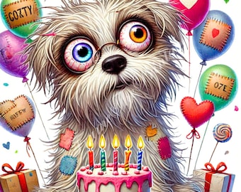 Puede incluir: Un perro blanco y peludo con ojos desparejados y gafas lleva un sombrero de cumpleaños y está sentado frente a un pastel de cumpleaños rosa y blanco con cinco velas encendidas. El perro está rodeado de globos coloridos con corazones y parches.