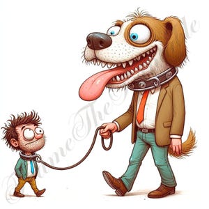 Satirical Walking The Dog Clipart, Funny Caricatures Man with Dog going for a Walk, Comic Animal Scene Fantasy, Journaling and Scrapbooking